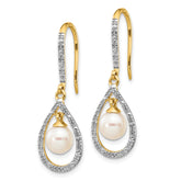 14k 6-7mm White Round FWC Pearl .02ct. Diamond Dangle Earrings